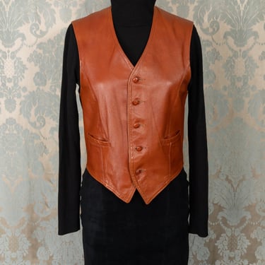 1970s Marquis of London Caramel Brown Genuine Leather Button-Front Vest 