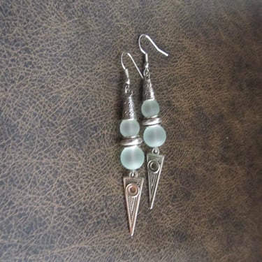 Long sea green earrings, bohemian earrings, etched metal earrings, bold earrings, boho earrings, glass earrings, geometric earrings, artisan 