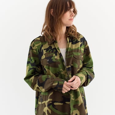 Vintage Faded Green Cloud Camo OverShirt | Camouflage Cotton Button Up | L | 