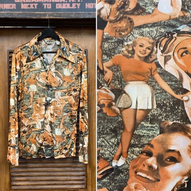 Vintage 1970’s Pin-Up Girl Pop Art Photo Print Disco Mod Poly Shirt, 70’s Vintage Clothing 
