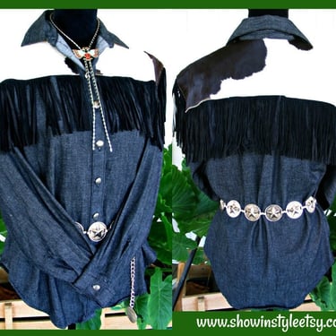 Panhandle Slim Vintage Retro Western Women's Cowgirl Shirt, Rodeo Blouse, Faux Ponyhide & Fringe, Tag Size Medium (see meas. photo) 