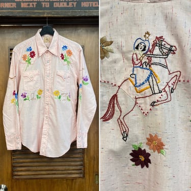 Vintage 1950’s Confetti Fleck Pink Cotton Western Cowboy Embroidery Pearl Snap Rockabilly Shirt, 50’s Vintage Clothing 