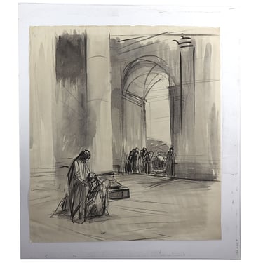 Original JEAN-LOUIS FORAIN Ink and Wash on Paper Drawing, At the Temple, Architctural Art 
