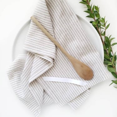 Tan Ticking Stripe LinenTowel, Farmhouse Linen Towel, Natural Linen Towel 