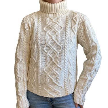Paul James Womens White Chunky Soft Wool Cable Knit Fisherman Turtleneck Sweater 
