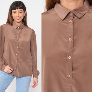 Puff Sleeve Blouse 80s Mocha Brown Top Button Up Shirt Plain Boho Hippie Collar Top Vintage 1980s Long Sleeve Shirt Large xl 