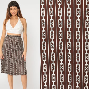 60s Midi Skirt Brown Chain Print A-Line Skirt Retro High Waisted Mad Men Flared Skirt Casual Simple Vintage 1960s Small 