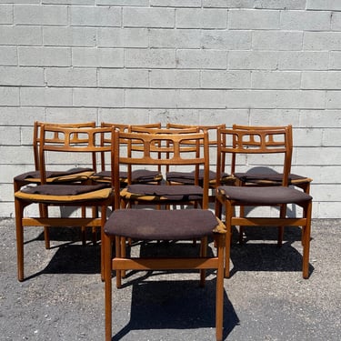 Set of 8 Mid Century Dining Teak Danish D Scan Chairs Set of Modern Seating Eames Kitchen Antique Furniture CUSTOM UPHOLSTERY AVAILABLE 