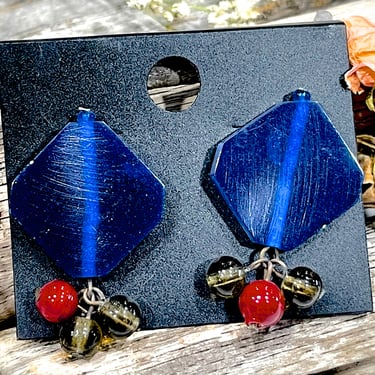 Deadstock VINTAGE: 1980's - Blue Resin Glass Earrings - Handcrafted Earrings - Artisan Made - Made in India - SKU 34-258-00004544 