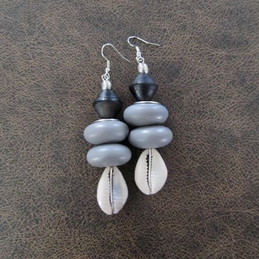 Bold chunky cowrie shell and gray wooden earrings 