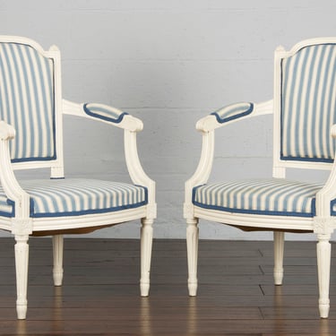 Vintage French Louis XVI Style Provincial Painted Armchairs - A Pair 