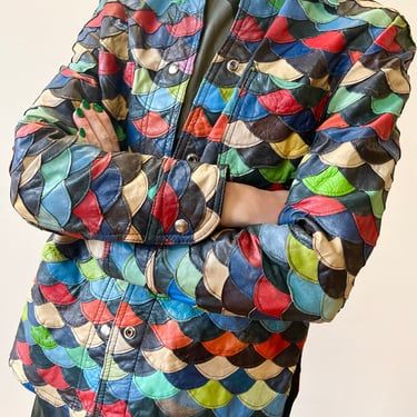 70’s Bright Colorful Patchwork Leather Fish Scale Snap Shacket Jacket