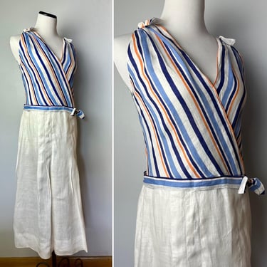 1930’s linen dress~ striped bodice~ orange & blue sleeveless summer Pleated drop waist 30’s vintage garden party great Gatsby style/ LG 