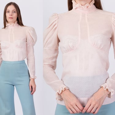 70s Does Victorian Sheer Pink Swiss Dot Blouse - Small | Vintage Puff Sleeve Boho Ruffle Collar Romantic Top 