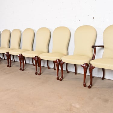 Kindel Furniture Georgian Carved Mahogany Upholstered Dining Chairs, Set of Eight