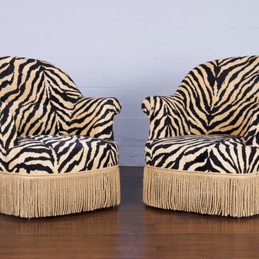 Antique French Napoleon III Armchairs W/ Needlepoint Zebra Upholstery - A Pair 
