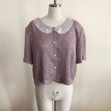 Short-Sleeved Lavender Knit Top with Embroidered Collar - 1980s 