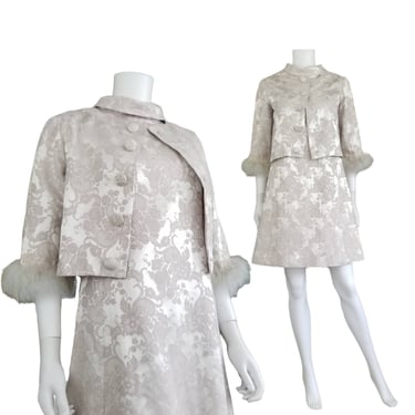 Vintage Satin Brocade Dress Set, Small / 1960s Cocktail Dress in Oyster Gray / High Neck Sleeveless Mini Dress with Marabou Feather Jacket 