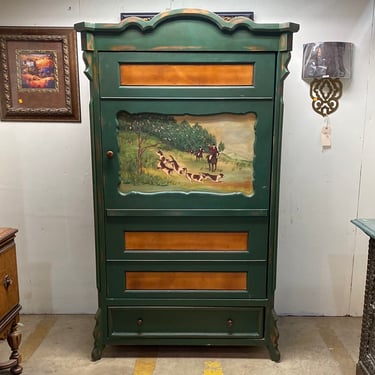 Green Cabinet with Painted Fox Hunt Scene