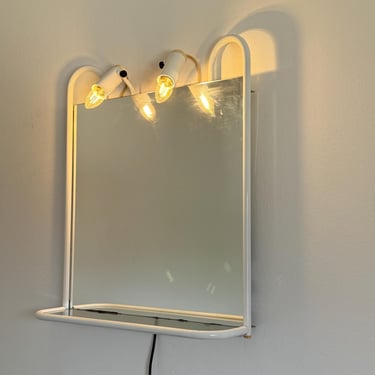 White Square Mirror with Lights / Wall Vintage Makeup Mirror / Mid Century Modern Vanity Mirror / Space Age / Atomic / Italy / 1970s 