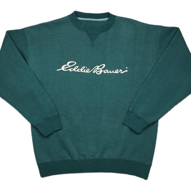 Vintage 90s Eddie Bauer Faded Teal Blue Spell Out Crewneck Sweatshirt Pullover Size Large 