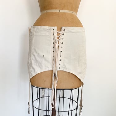 Vintage 1930s pale pink cotton corset with garters | costume piece, has some flaws, 30s pin up lingerie, boned with lacing, S 