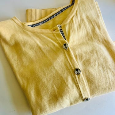 Pale Yellow Cotton Bee Buttons Cottage Checkered Trim Cardigan Sweater 