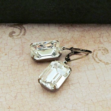Crystal Rhinestone Earrings, Vintage Emerald Cut Clear Glass Earrings, Dangle Earrings, April Birthstone, Bridal Jewelry 