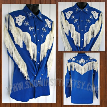 H Bar C, California Ranchwear, Vintage Western Taos Men's Cowboy Shirt, Fringe & Rhinestones, Size 17, Approx. XLarge (see meas. photo) 