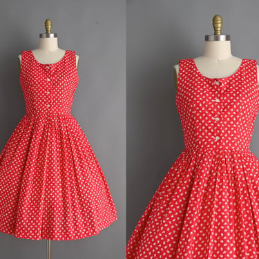Vintage 1950s Dress | Red Cotton Floral Print Full Skirt Summer Dress | Medium 