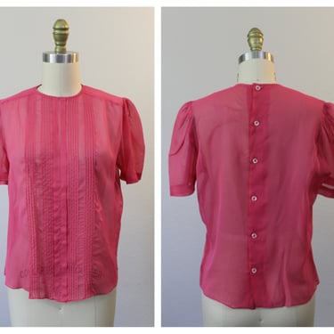 Vintage 1950s Dark Rose Pink Sheer Nylon Button Back Blouse short sleeve Shirt top pinup   // Modern Size US 4 6 