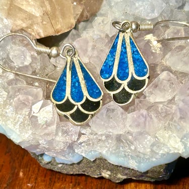 Sterling Silver Crushed Turquoise Onyx Earrings Vintage Alpaca Mexico Art Deco Style Jewelry Gift 