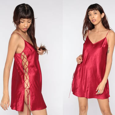 Red Satin Slip Dress Lace Up Corset Nightgown Mini Dress Lingerie Vintage Y2K Nightgown Sexy Cutout Spaghetti Strap Chemise 00s Medium 