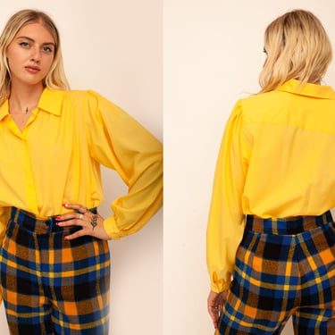 Vintage 1970s Bright Yellow Button Up Blouse w/ Dagger Collar and Balloon Sleeves 