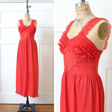 vintage 1950s sheer red nylon & lace nightgown • full length sexy bombshell ruffled lingerie 
