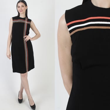 Mid Century Modern Dress, Black 50s Shift, Vintage Striped Mini, Knee Length Cocktail Attire 