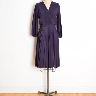 vintage 70s dress plum purple pleated surplice disco secretary long sleeve M 