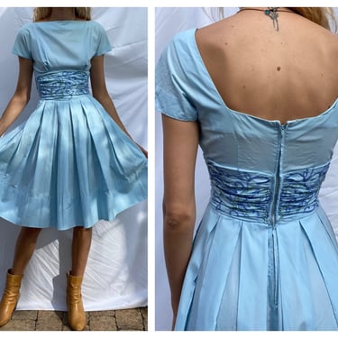 50's Cotton Dress / Nipped Waist Blue Dress / Baby Blue  Dress / Springtime Fifties Dress / Bridal Party Dress 
