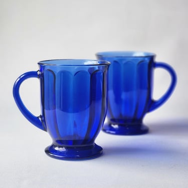 Anchor Hocking cobalt blue glass cafe mugs or 14 oz cups set of two 