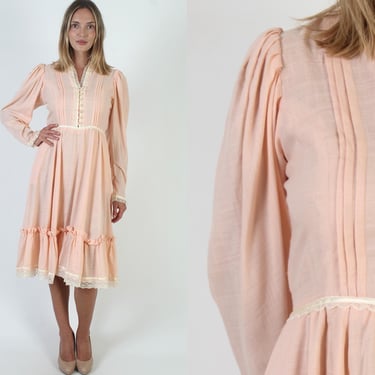 Peach Prairie Full Skirt Dress, Vintage 70s Boho Wedding Midi, Button Up Peasant Frock 