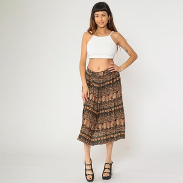 Vintage 90s Broomstick Skirt Black Orange Vase Print Textured Crinkle Midi Boho Hippie 1990s Elastic Waist Striped Geometric Pocket Medium M 