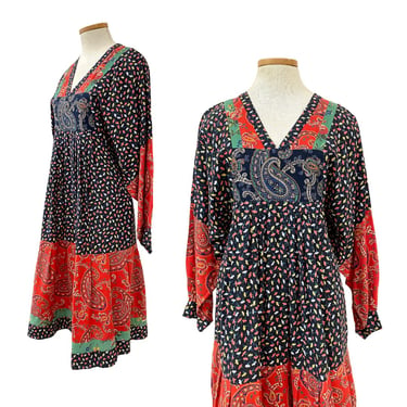 Vtg 70s CIAO Ltd Designer Patchwork Paisley Print Tiered Bibbed Boho Fest Dress 
