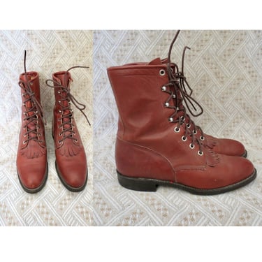 Vintage Justin Roper Boots - Brown Leather Lace Up Western Boot - Kiltie Fringe - Men's Size 7.5 - Women's Size 9 