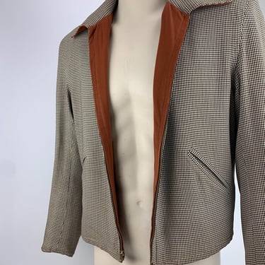 1950's RICKY Jacket - Reversible Rayon Gabardine - Brown Houndstooth to Rusty Brown Gabardine - Slash Pockets - Men's Size 38 Small 
