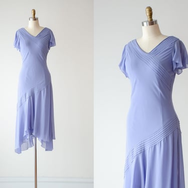 blue chiffon dress | 90s y2k vintage periwinkle bias cut flutter sleeve cottagecore dress 