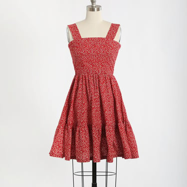 Vintage 70s red + white floral cotton dress 