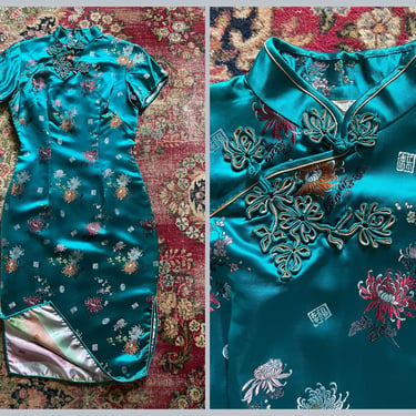 Vintage 1970s teal satin brocade cheongsam | Peony Chinese cocktail dress, emerald green, Christmas party dress, M 