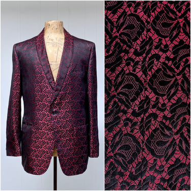 Vintage 1960s Men's Brocade Tux Jacket, 60s Black and Red Shawl Collar Dinner Jacket, Mid-Century Formal Attire Prom, 42