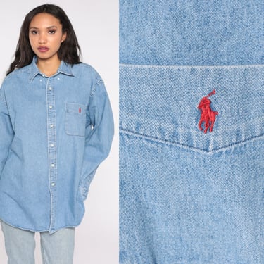 90s Jean Shirt Polo Ralph Lauren Jean Shirt Button Up 1990s Light Blue Grunge Denim Long Sleeve Oversized Button Down Vintage Mens Large L 