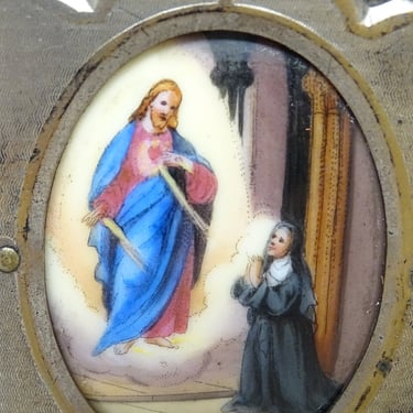 Antique Hand Painted  Miniature Portrait of Jesus Christ and Saint Teresa in Hand Carved Wooden Plaque, Vintage  Religious Painting 